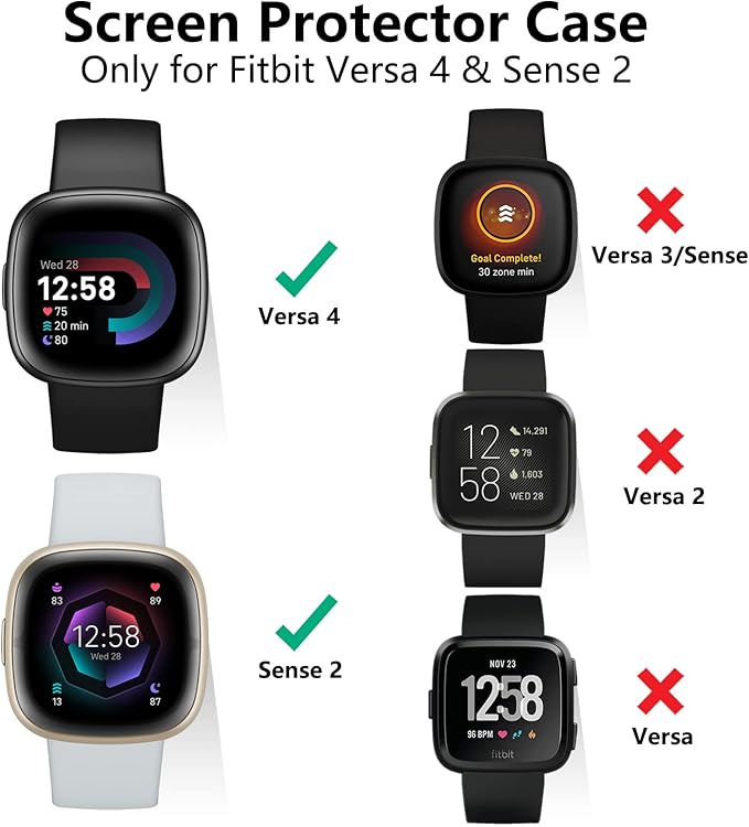Vancle Case for Fitbit Versa 4 / Fitbit Sense 2, 4-Pack Screen Protector Tempered Glass Full Around Hard PC Case with Sensitive Touch Film Protective for Fitbit Sense 2 / Versa 4(Black + Transparent + Silver + Rose Gold)