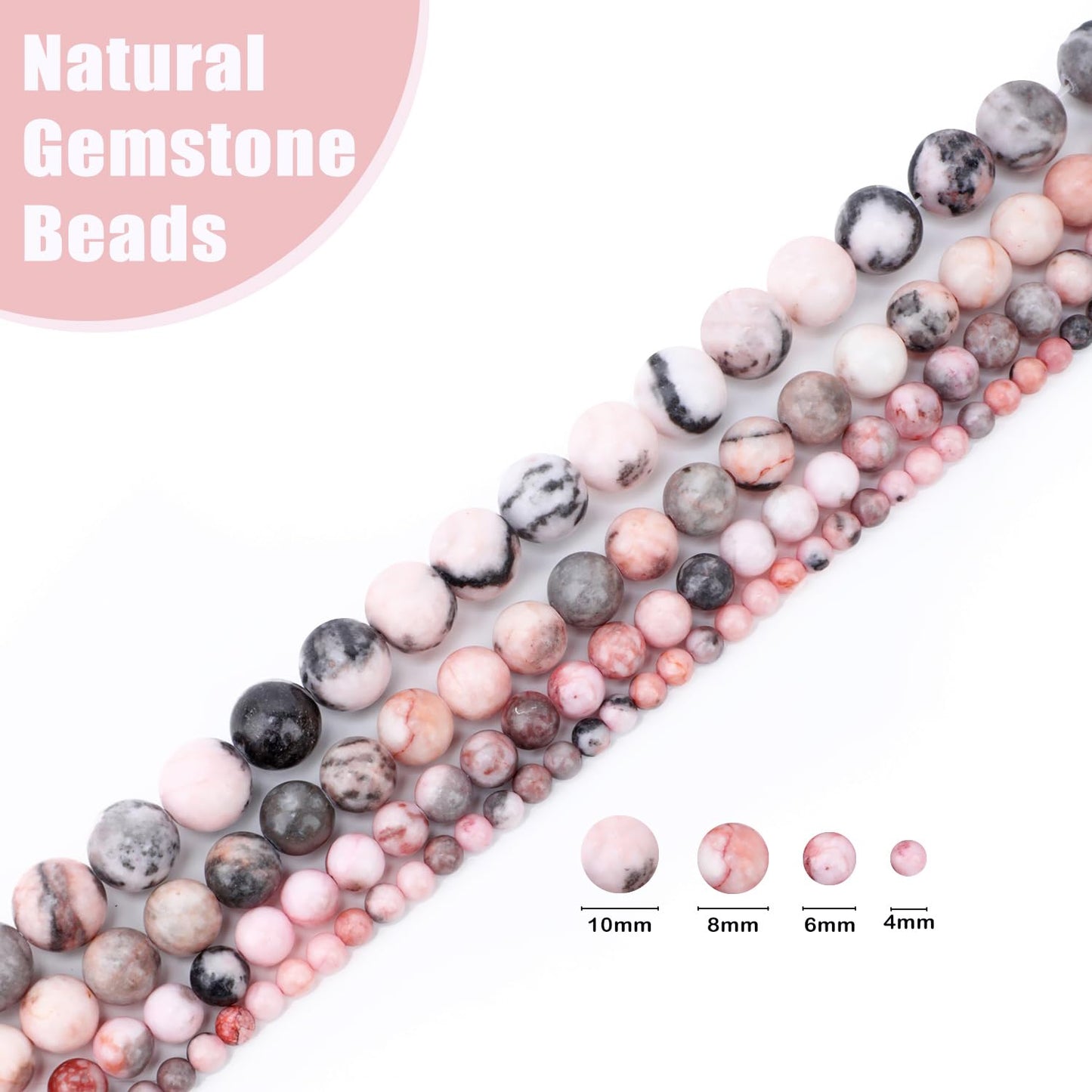 CMBYN Natural Stone Beads Round Genuine Real Stone Beading Strand Loose Gemstones DIY Smooth Bead for Bracelet Necklace Earrings Jewelry Making (Pink Zebra, 8mm 45 Pieces)
