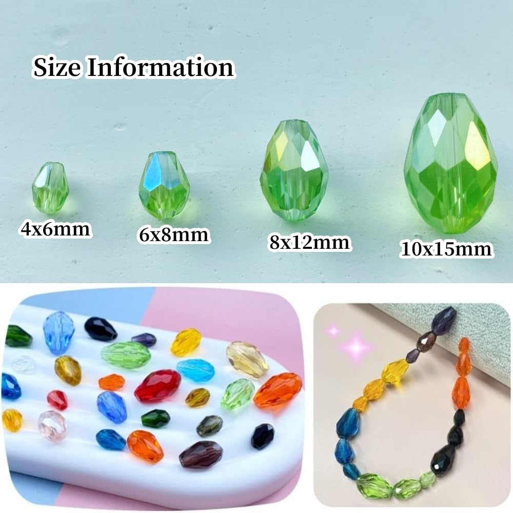 Honkoolly 130pcs 6x8mm Teardrop Crystal Glass Beads Vertical Hole Faceted Glass Teardrop Spacer Beads for Bracelets Necklace Earring DIY Jewelry Making Craft(Light Green AB)