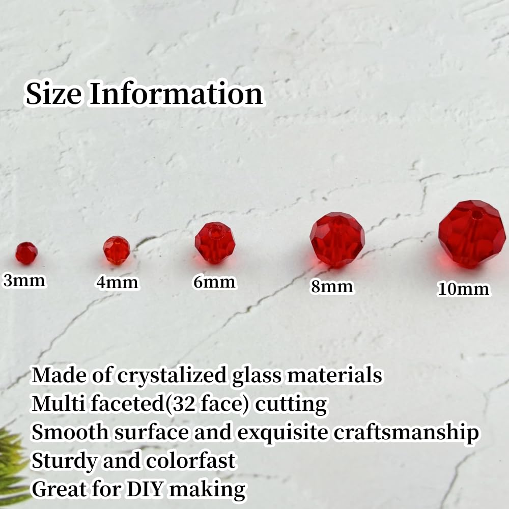 YUEXIGO 200pcs 6mm Round Crystal Glass Beads for Jewelry Making, Faceted Crystal Glass Spacer Beads for Bracelet Earring Necklace DIY Craft(Red)
