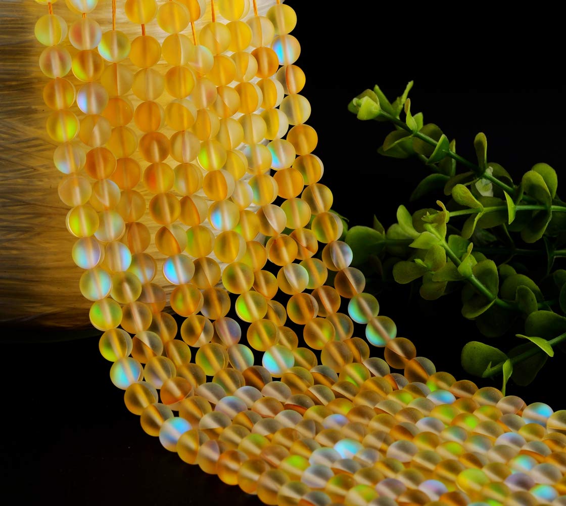 Matte Aurora Crystal Glass Beads Yellow 100pcs 8mm Flash Glitter Shining Mermaid Round Loose Aura Bead Frosted Moonstone for Jewelry Making (Yellow, 8mm)
