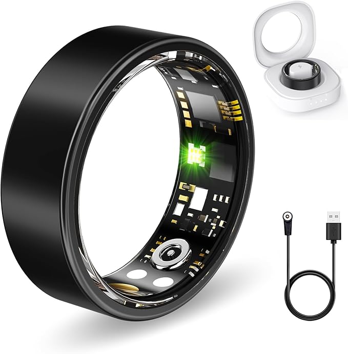 Smart Health Rings for Women Men, Fitness Tracker with Heart Rate, Blood Oxygen, HRV, Sleep Tracker, Step Tracker, No Subscription Fee, IP68 Waterproof Smart Ring for iphone & Android (Black 7#)