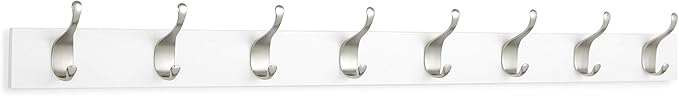 Amazon Basics Wall Mounted Modern Coat Rack for Entryway and Bedroom with Versatile Storage Hooks, Rectangular, 8-Hook, White | Rectangular