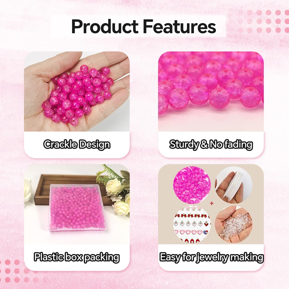 PAMIR TONG 400pcs 8mm Round Glass Beads for Bracelet Pretty Smooth Loose Beads for Necklace-Earring-Jewelry Making and DIY Crafts (Crackle Rose)