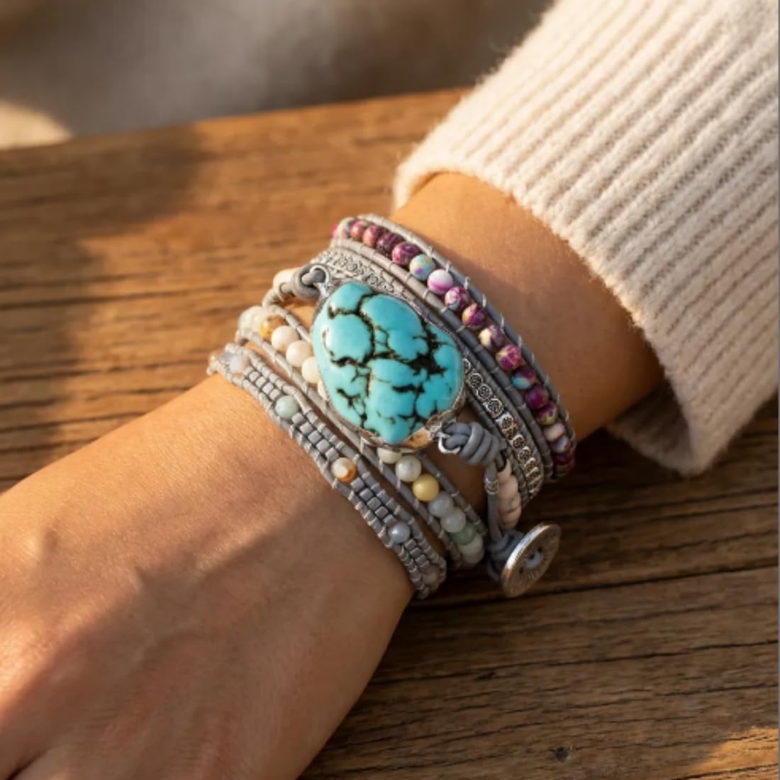 YGLINE Handmade Wrap Bracelet Turquoise, Jasper & Amazonite Natural Stones Leather Charm 5 Strands Boho Bracelet