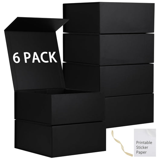 MUMUPACK 6 Pack Black Gift Boxes With Lids,9x9x4 Inch Bridesmaid Proposal Box And Printable Stickers,Proposal Boxes With Ribbon For Wedding, Packaging, Present, Birthday