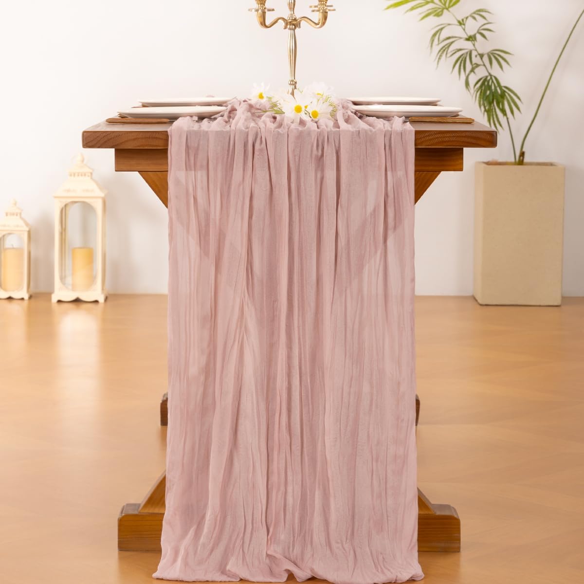 Socomi Pink Cheesecloth Table Runner - 120 Inch Rustic Boho Decor for Weddings & Events