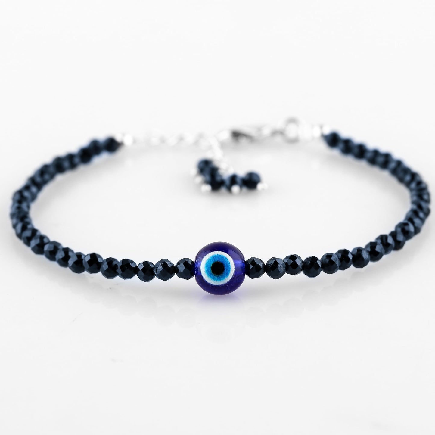 CRYSTALINES Natural Blue Sapphire Gemstone Bracelet, Faceted Crystals Beads Stones, Handmade Hypoallergenic Boho Jewelry for Women, Silver Plated, Birthday Evil Eye Gift for Her, 8inch