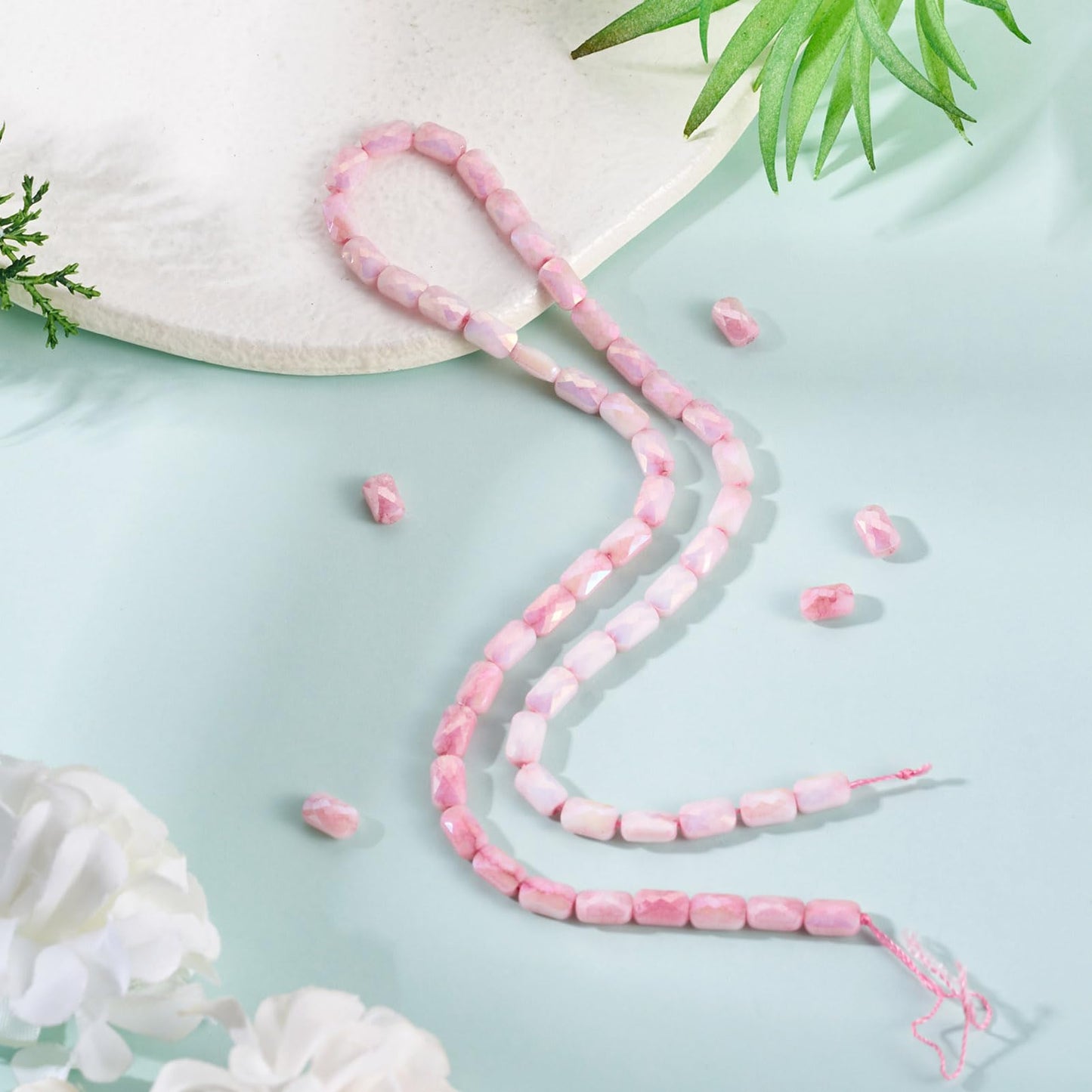 Elecrelive 55Pcs Pearl Pink Faceted Glass Beads Rectangle Crystal Beads Imitation Jade Gems for Bracelet Necklace Jewelry Making