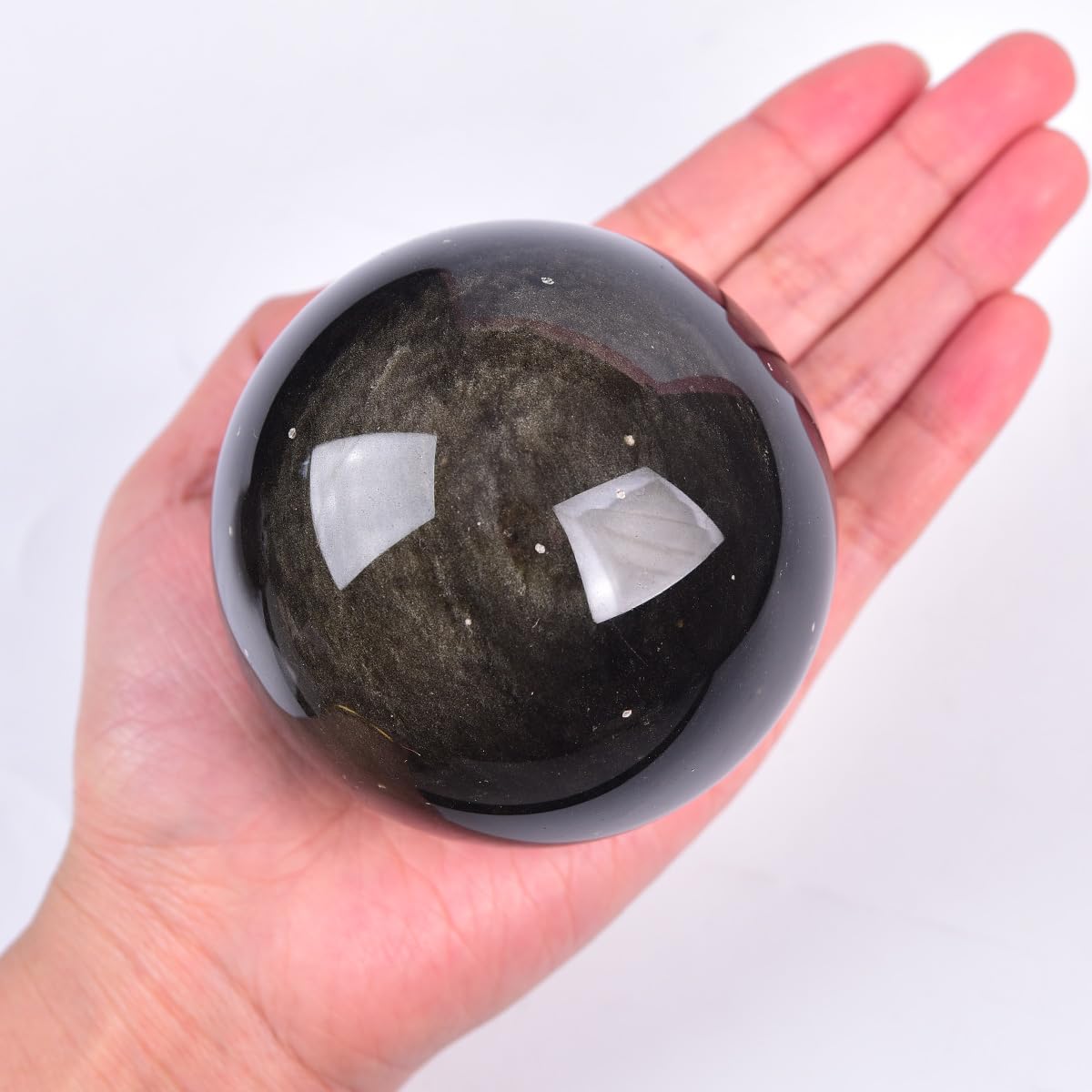 JIC Gem Large Golden Obsidian Crystal Sphere Natural Quartz Crystal Ball with Stand Healing Ornament Witchcraft Meditation Decor 2.7-3.1 inch(70-80mm)