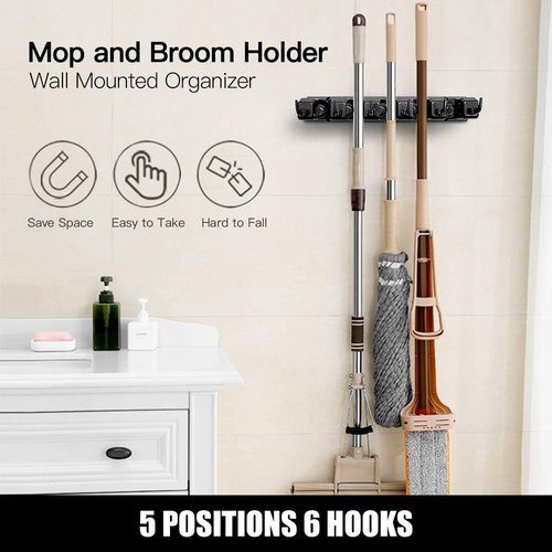 IMILLET Broom Holder Set - 2 Pack Plastic & 1 Pack Wooden Holders for Efficient Storage