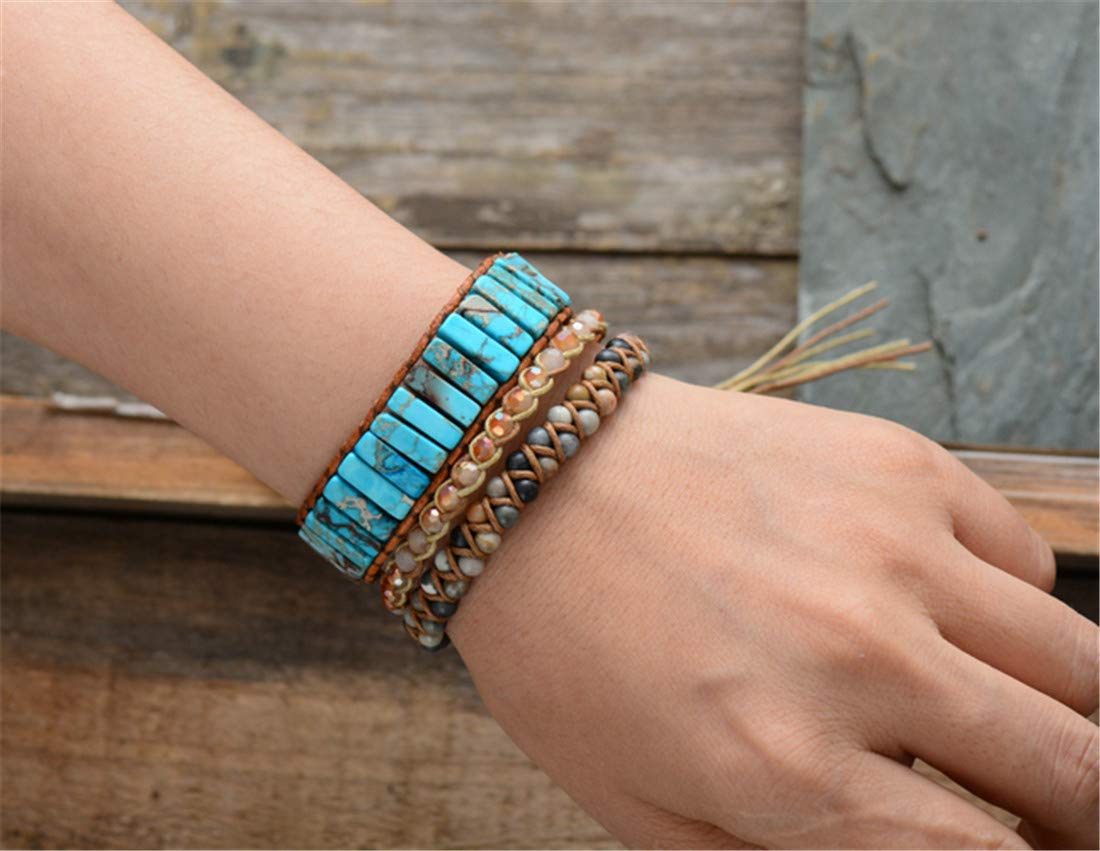 YGLINE Boho Handmade Natural Jasper Stone Healing Energy Bead Leather Wrap Bracelet Jewelry Collection