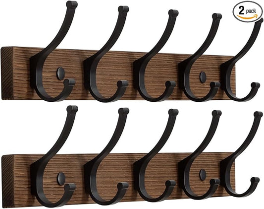 Optish Coat Rack Wall Mount, 16.5 Inches Wood Coat Hooks Wall Mount, Wall Coat Rack with 5 Hooks, Hat Rack Wall Hooks for Hanging Coat, Bag, Towel (2Pack, Brown)