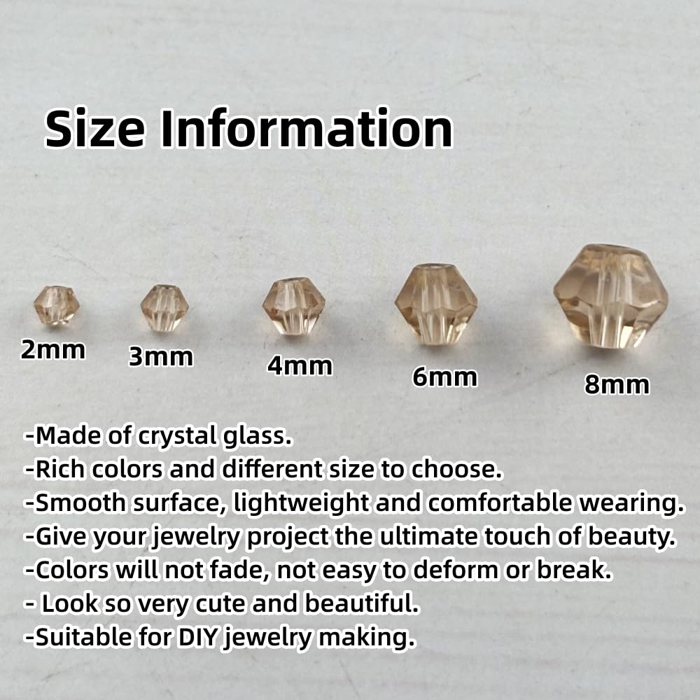 Pinhoollgo 1310pcs Bicone Crystal Glass Beads 2mm 3mm 4mm 6mm 8mm Faceted Crystal Spacer Beads for Bracelets Necklace Pendants Earrings DIY Jewelry Craft Making(Champagne)