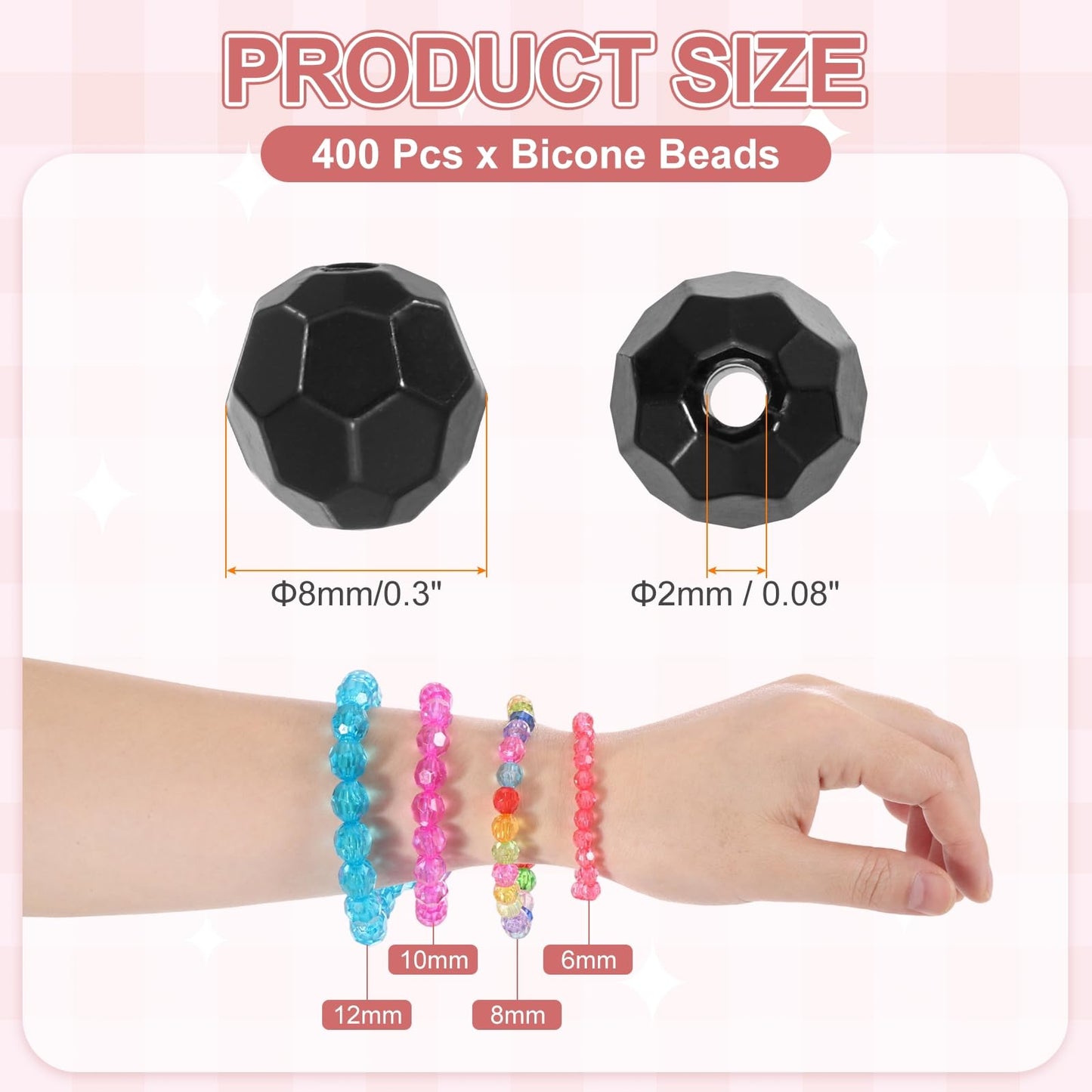 MECCANIXITY 400pcs Czech Faceted Bicone Beads 8mm Glass Spacer Bead Bulk for Jewelry Making & DIY Craft, Black