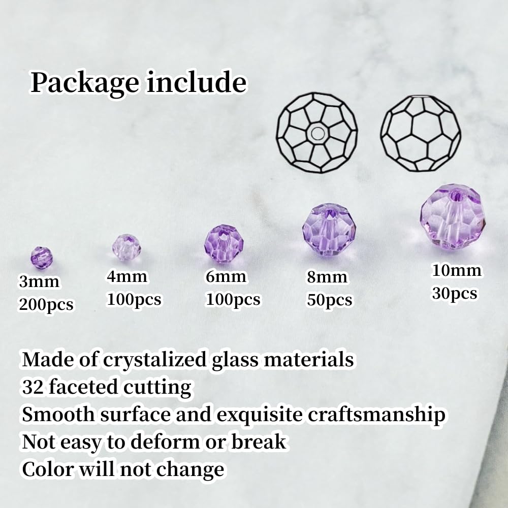 Honkoolly 480pcs Crystal Glass Beads 3mm 4mm 6mm 8mm 10mm Round Faceted Glass Spacer Beads for Bracelets Necklace Earring DIY Jewelry Making Craft(Crystal Purple)