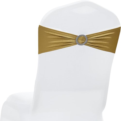 MDS Spandex Foil Chair Sashes - Universal Elastic Stretch Bands with Buckle for Weddings | Metallic Gold (Pack of 10)