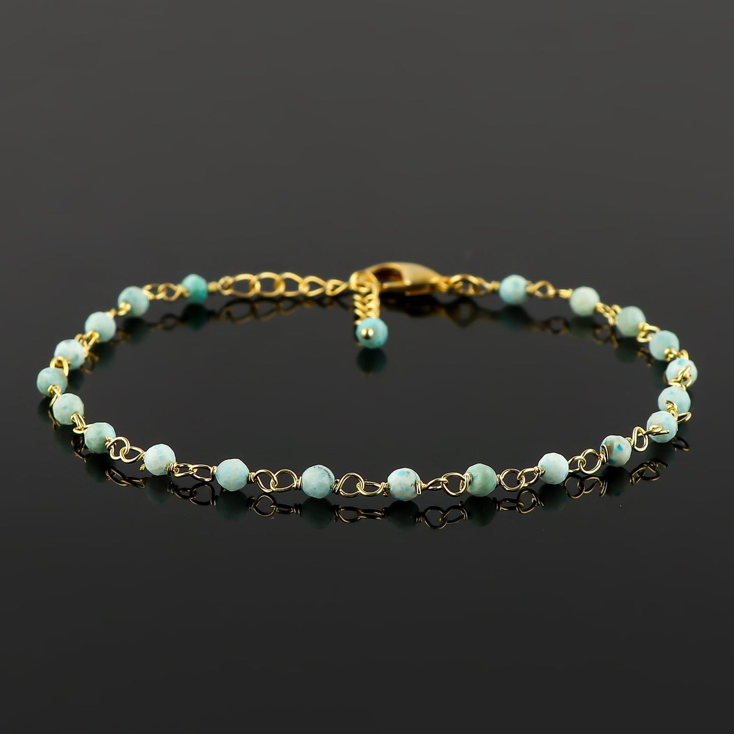 CRYSTALINES Natural Sky-Blue Larimar Gemstones Bracelet Handmade Hypoallergenic Gold Plated Jewelry for Women Healing Crystals Microfaceted Beads Rosary Chain Boho Birthday Bracelet, 7+1inch