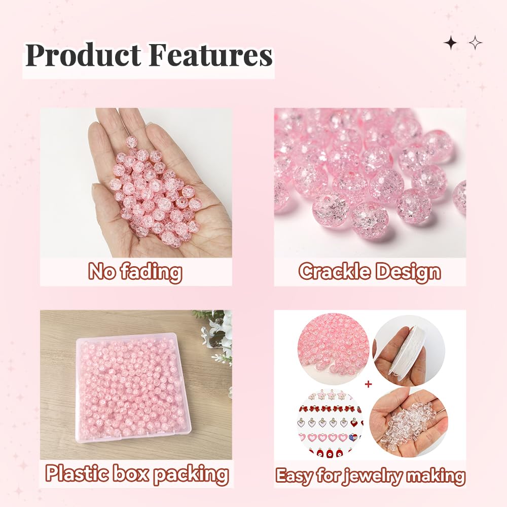 PAMIR TONG 400pcs 8mm Round Glass Beads for Bracelet Pretty Smooth Loose Beads for Necklace-Earring-Jewelry Making and DIY Crafts (Crackle Pink)