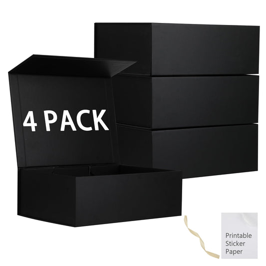 MUMUPACK 4 Pack Black Gift Boxes With Lids,12x8x4.5 Inch Bridesmaid Proposal Box And Printable Stickers,Proposal Boxes With Ribbon For Wedding, Packaging, Present, Birthday