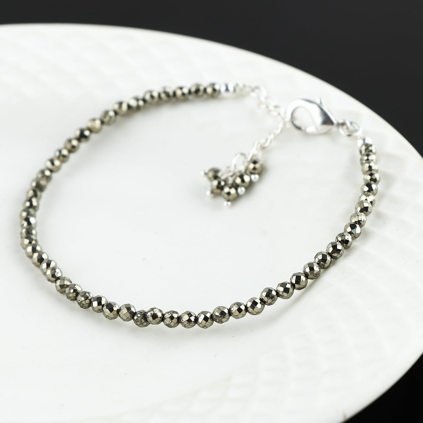 CRYSTALINES Natural Golden Pyrite Gemstones Beads Bracelets, Real Crystals Jewelry, Birthstone, Handmade, Beaded Bracelet, Silver Plated, Adjustable Chain- 7+1inch, Women Bracelet, AAA Grade