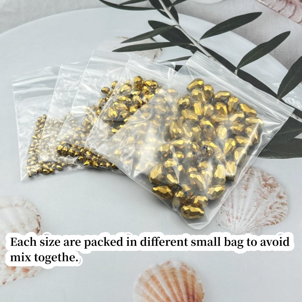 Xinhongo 340pcs Teardrop Crystal Glass Beads 3x5mm 4x6mm 6x8mm 8x12mm 10x15mm Vertical Hole Faceted Glass Spacer Beads for Necklace Bracelet Earrings DIY Jewelry Crafts(Gold)