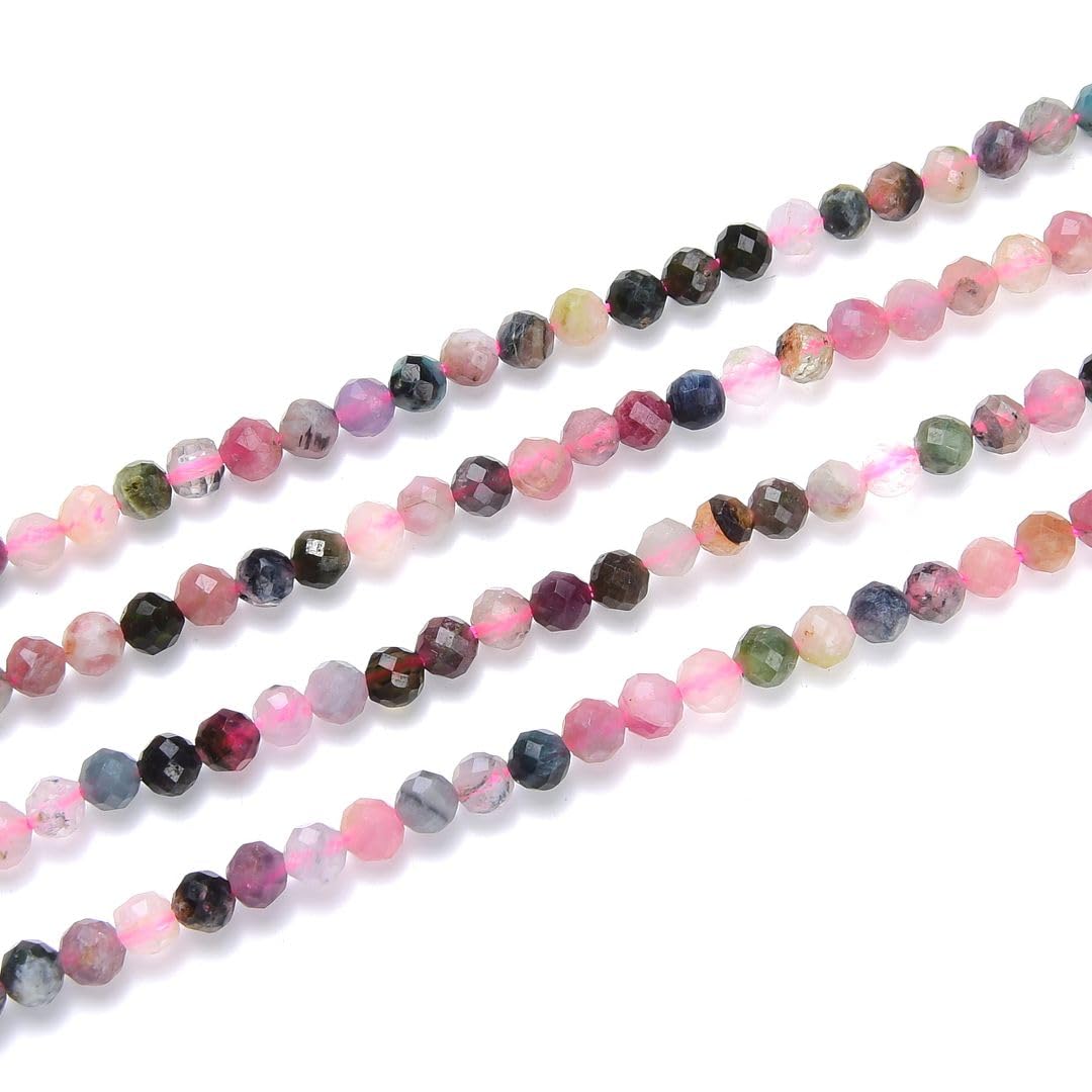 Adabele 30 Inch Natural Multi-Color Tourmaline Healing Gemstone 4mm (0.16 Inch) Tiny Small Faceted Round Loose Beads Stone Spacer (180-200pcs) for Craft Jewelry Making GK4-2