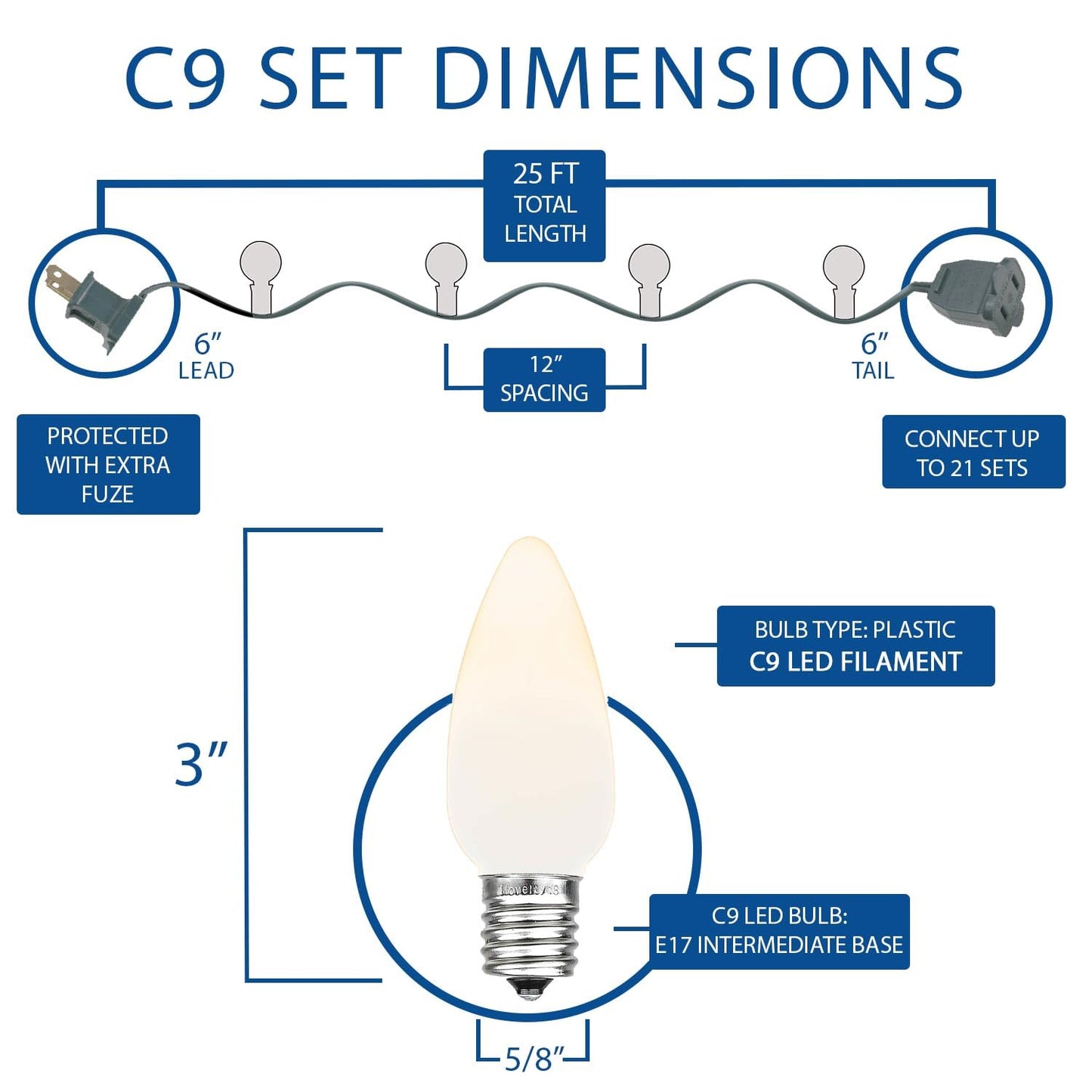 Novelty Lights Vintage LED C9 String Lights, 25 Ft, Warm White, Ceramic Bulbs, 12in Spacing, Green Wire, Model MRD-25B