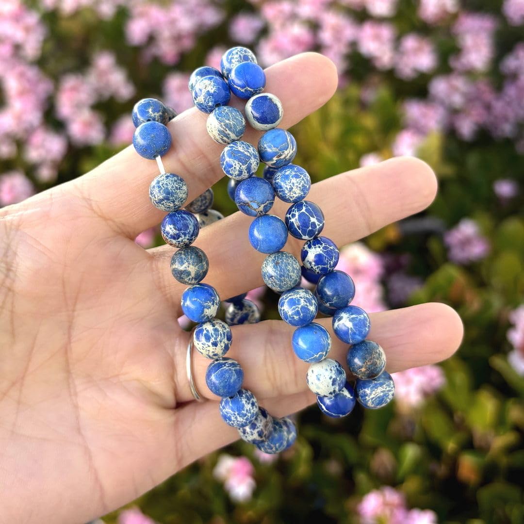 Adabele Real Natural Blue Impression Aqua Terra Sea Sediment Jasper Gemstone Beaded Bracelet 8 inch Stretch Chakra Healing Crystal Stone Jewelry Women Mom Gift GB8-C3