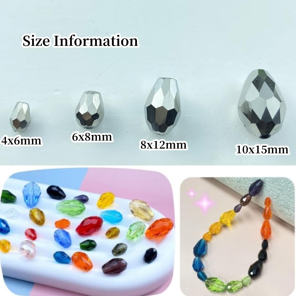 Honkoolly 50pcs 10x15mm Teardrop Crystal Glass Beads Vertical Hole Faceted Glass Teardrop Spacer Beads for Bracelets Necklace Earring DIY Jewelry Making Craft(Silver)