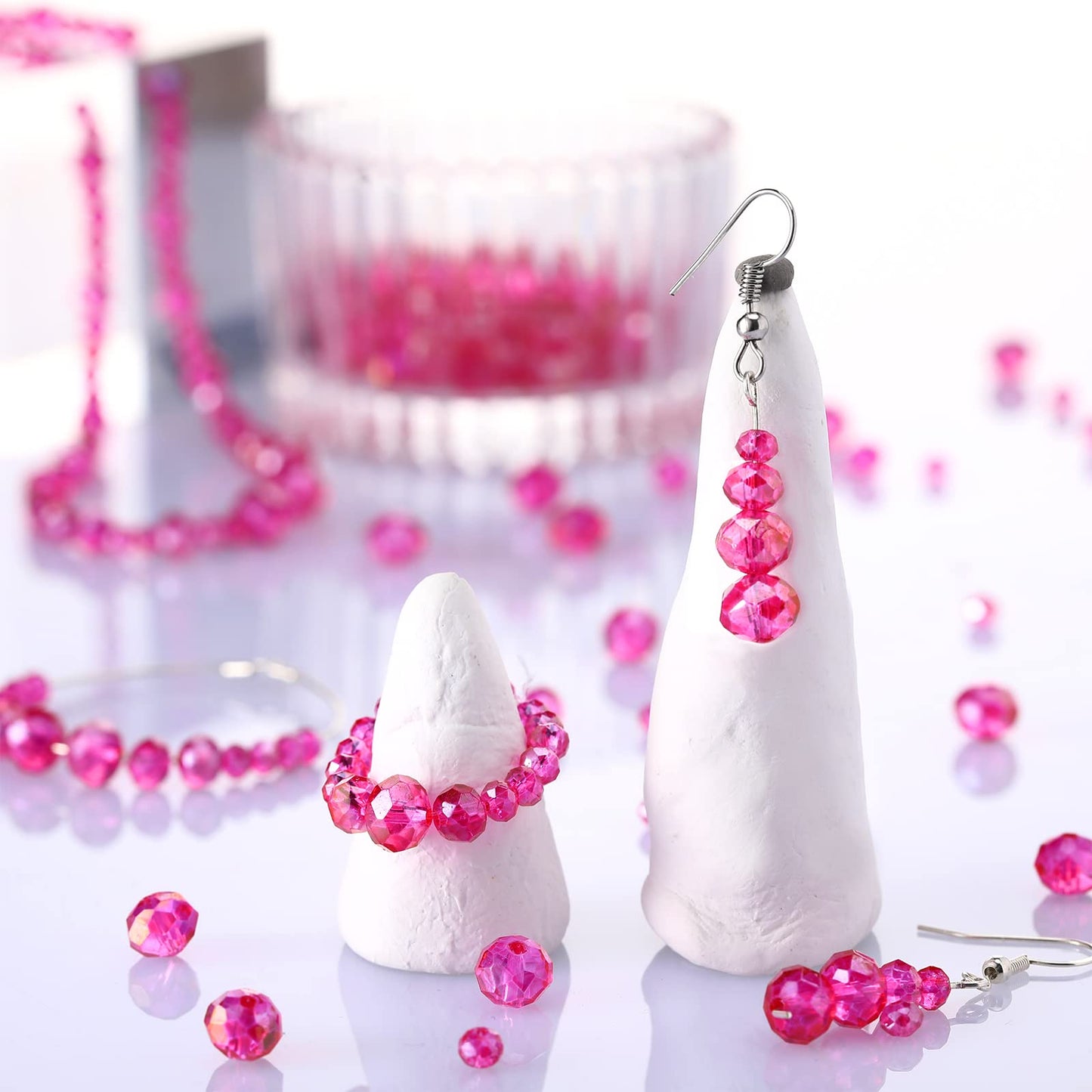 WILLBOND 600 Pcs Crystal Glass Beads for Jewelry Making Bulk Suncatcher Faceted Rondelle Loose Gemstone for Valentine's Day, Irish Holiday, Easter Bracelet DIY Crafts 8mm, 6mm, 4mm(Hot Pink)