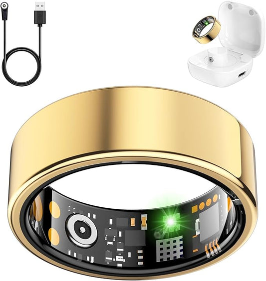Smart Health Ring for Women Men, Fitness Tracker Ring with Heart Rate, Blood Oxygen, Sleep Tracker, Step Tracker, No Subscription Fee, IP68 Waterproof Smart Ring for iPhone & Android (Gold, 7#)