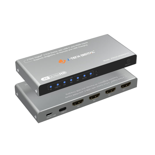 J-Tech Digital 4K 60Hz 4x1 HDMI & USB-C Switch | 3 HDMI + 1 USB-C Input, 1 HDMI Output | Compatible w/HDR & Dolby Vision | IR Remote, Auto Switch, CEC, Digital Audio [JTECH-4KSW3H1C]