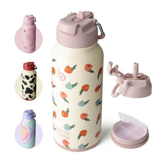 BOTTLE BOTTLE 32oz Insulated Water Bottle Stainless Steel Sport Water Bottle with Straw Dual-use Lid Design for Gym with Pill Box (Buds Rain)
