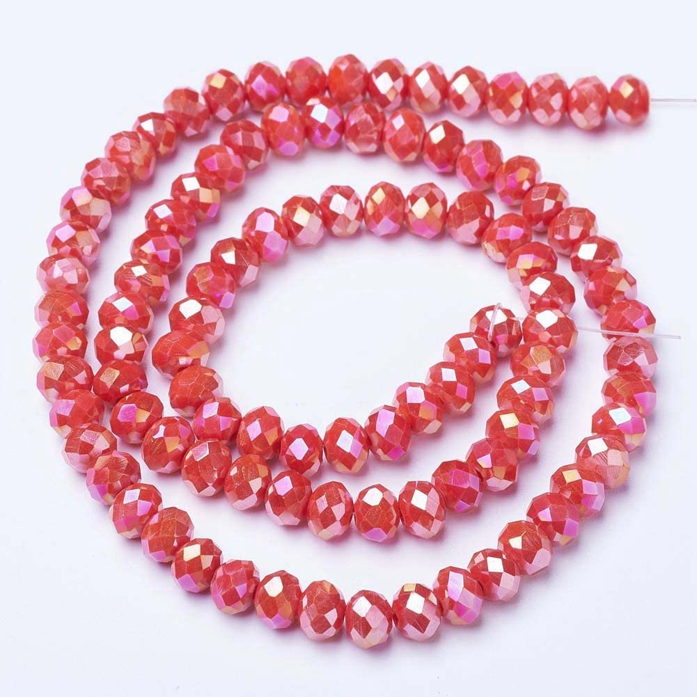 10 Strands Briolette Faceted Rondelle Glass Beads 4x3mm Red AB Color Opaque Glass Tiny Spacer Beads 1300pcs for Bracelets Jewelry Making