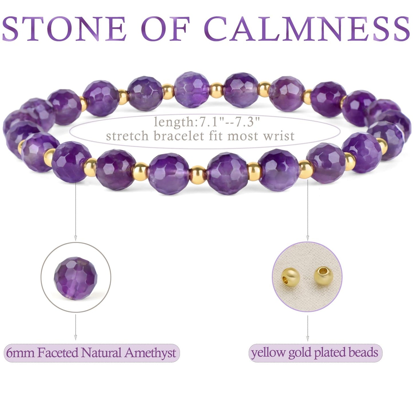 QOGIR Amethyst - Stone of Calmness - 14K Gold Plated Beads Natural Gemstone Stretch Elastic Dainty Healing Beaded Bracelets Gifts 6mm