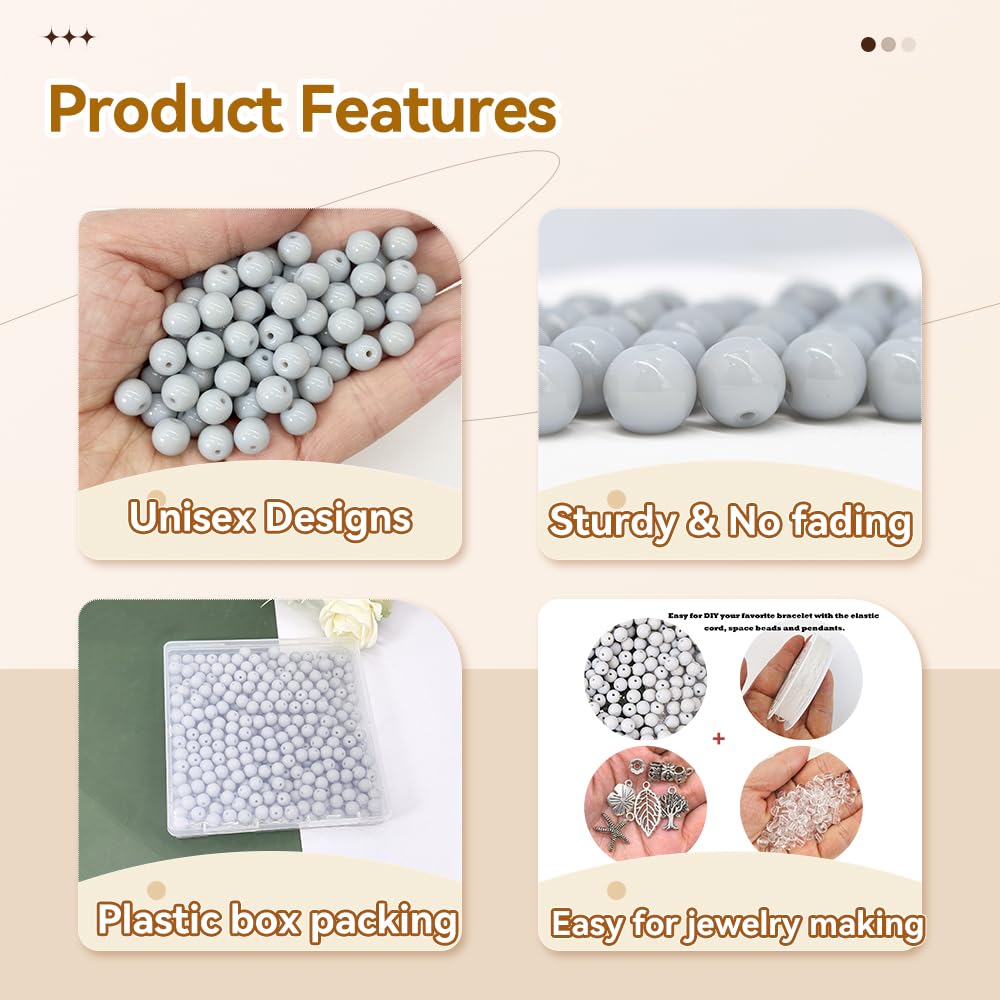 PAMIR TONG 400pcs 8mm Round Glass Beads for Bracelet Pretty Smooth Loose Beads for Necklace-Earring-Jewelry Making and DIY Crafts (Gray)