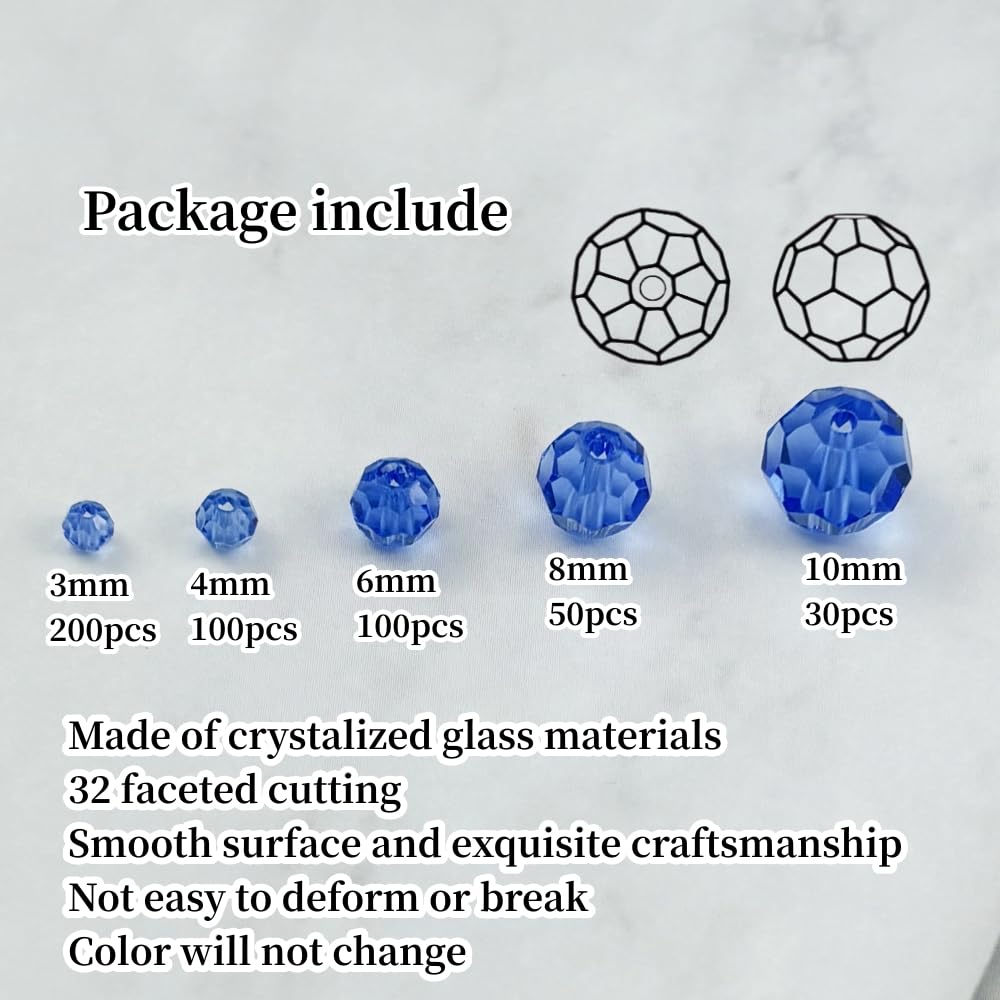Honkoolly 480pcs Crystal Glass Beads 3mm 4mm 6mm 8mm 10mm Round Faceted Glass Spacer Beads for Bracelets Necklace Earring DIY Jewelry Making Craft(Light Blue)