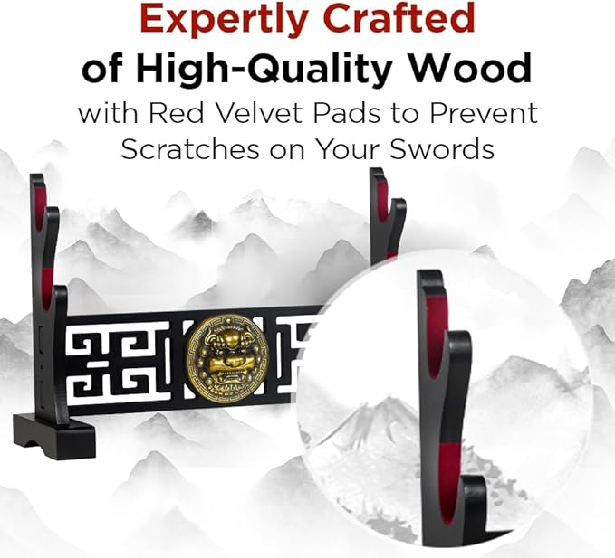 Logest Sword Stand - 4 Tier Options Available - Crafted Using Wood Katana Holder - Furnished in Black With a Gold Lion?™s Head - Desirable Sword Display Gift Option - Sword Holder Katana Stand (3-Tier)