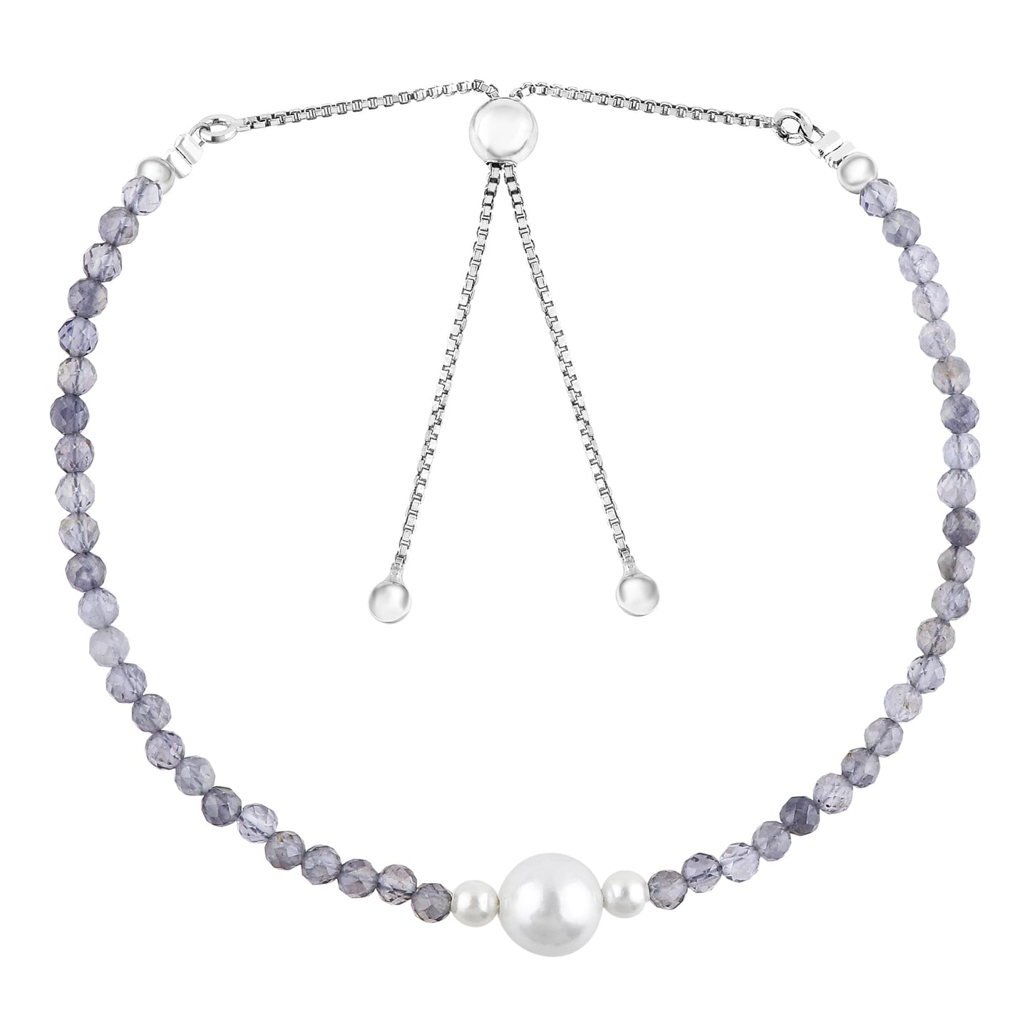CRYSTALINES Natural Blue Iolite Gemstone Bolo Bracelet, Cultured Pearl Beads Stones, Handmade Hypoallergenic Boho Jewelry for Women, Healing Crystals, Adjustable Silver Plated 6+4inch, Birthday Gift