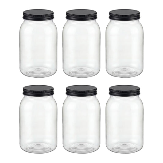 novelinks 32 oz Clear Plastic Jars with Lids, 6 Pack Large Plastic Mason Jars with Lids 32oz, Reusable Quart Containers for Kitchen Organization (6 Pack,Black)