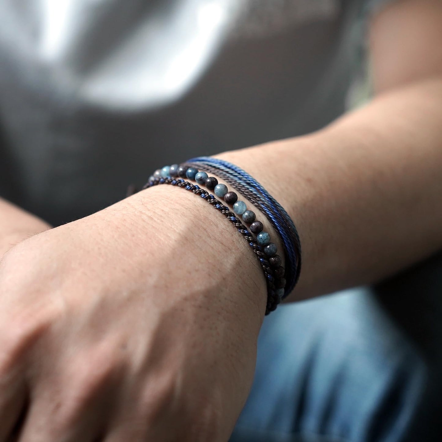 Handmade Natural Stone Beaded Healing Bracelet Gift for Men Adjustable Rope String Bracelet (Blue/Coffee Jasper, Adjustable)