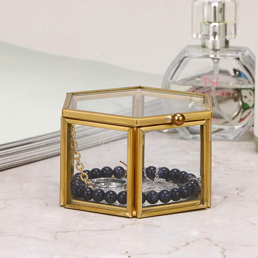 Hipiwe Glass Vintage Jewelry Box - Golden Geometric Jewelry Display Organizer Keepsake Box Case Home Decorative Box for Storage Trinket Ring Earring Chest (Small)