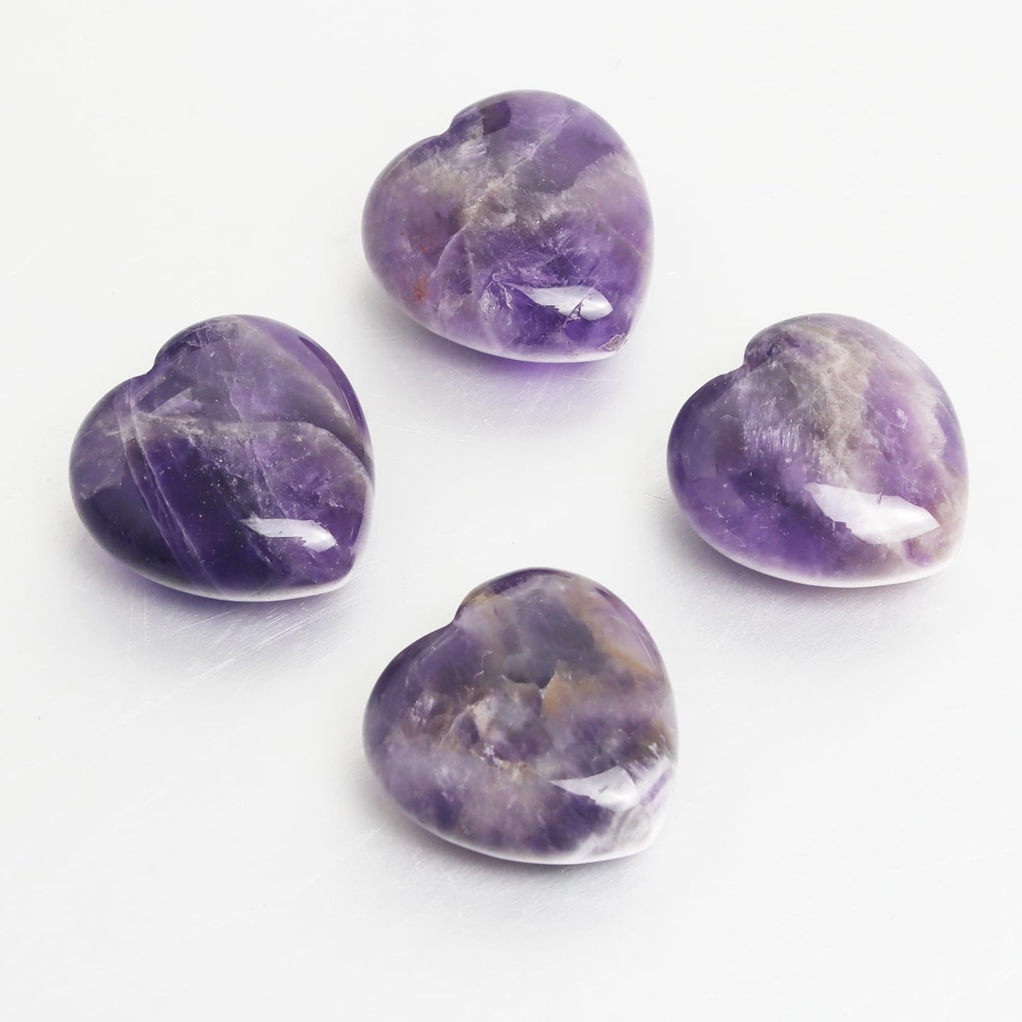 4 Pcs Heart Crystals and Healing Stones, 1.2" Amethyst Polished Love Carved Palm Worry Stone, Reiki Anxiety Stone Gift for Stress Meditation (Amethyst)