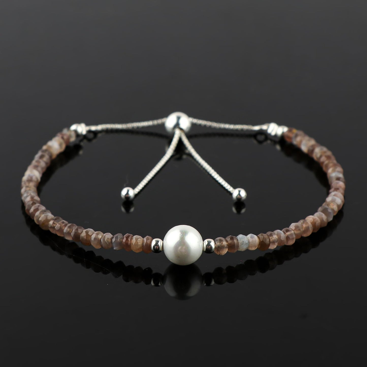 CRYSTALINES Natural Grey Moonstone Gemstones Beads Bolo Bracelets with Pearl, Handmade, Beaded Bracelet, Real Crystals Jewelry, Women Bracelet, Silver Plated Adjustable Chain 6+4inch, A Grade