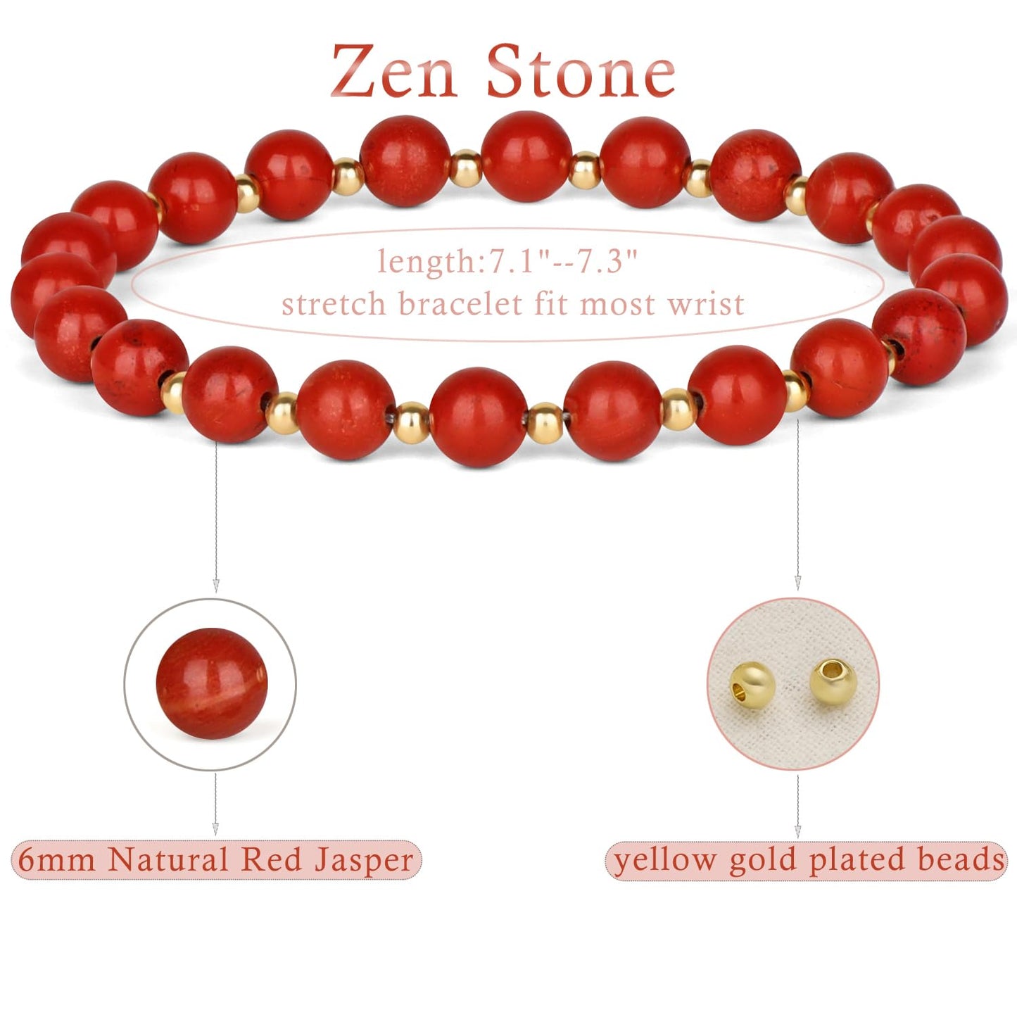 QOGIR Red Jasper - Zen Stone - 14K Gold Plated Beads Natural Gemstone Stretch Elastic Dainty Healing Beaded Bracelets Gifts 6mm