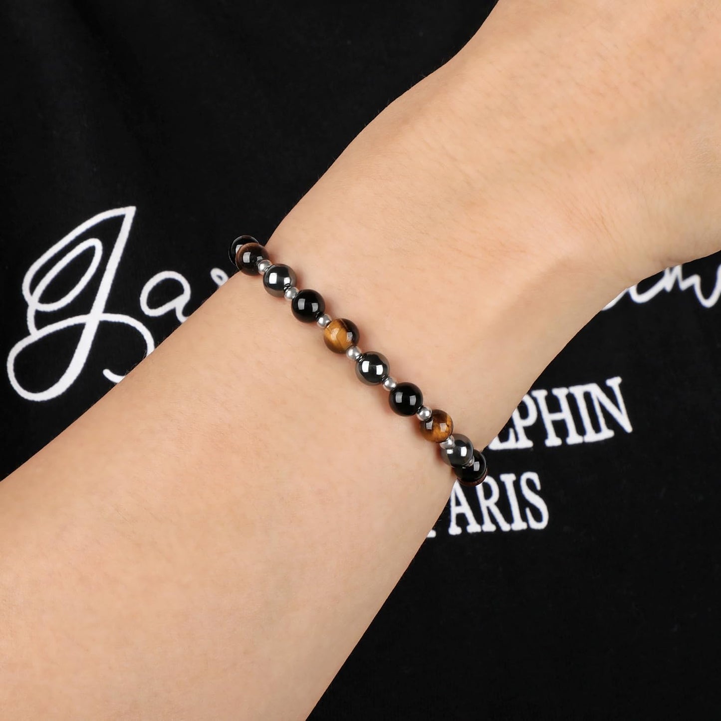 QOGIR Triple Protection - Onyx Hematite Tiger - Stainless Silver Beads Natural Gemstone Stretch Elastic Dainty Healing Beaded Bracelets Gifts 6mm