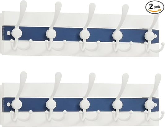 SKOLOO Coastal Wall Mounted Coat Rack - 16-7/8" Beach House Entryway Wooden Coat Hook with 5 Hooks for Hanging Coats, Hats or Towels, Oceanfront Cottage Core Collection, White & Blue, Pack of 2