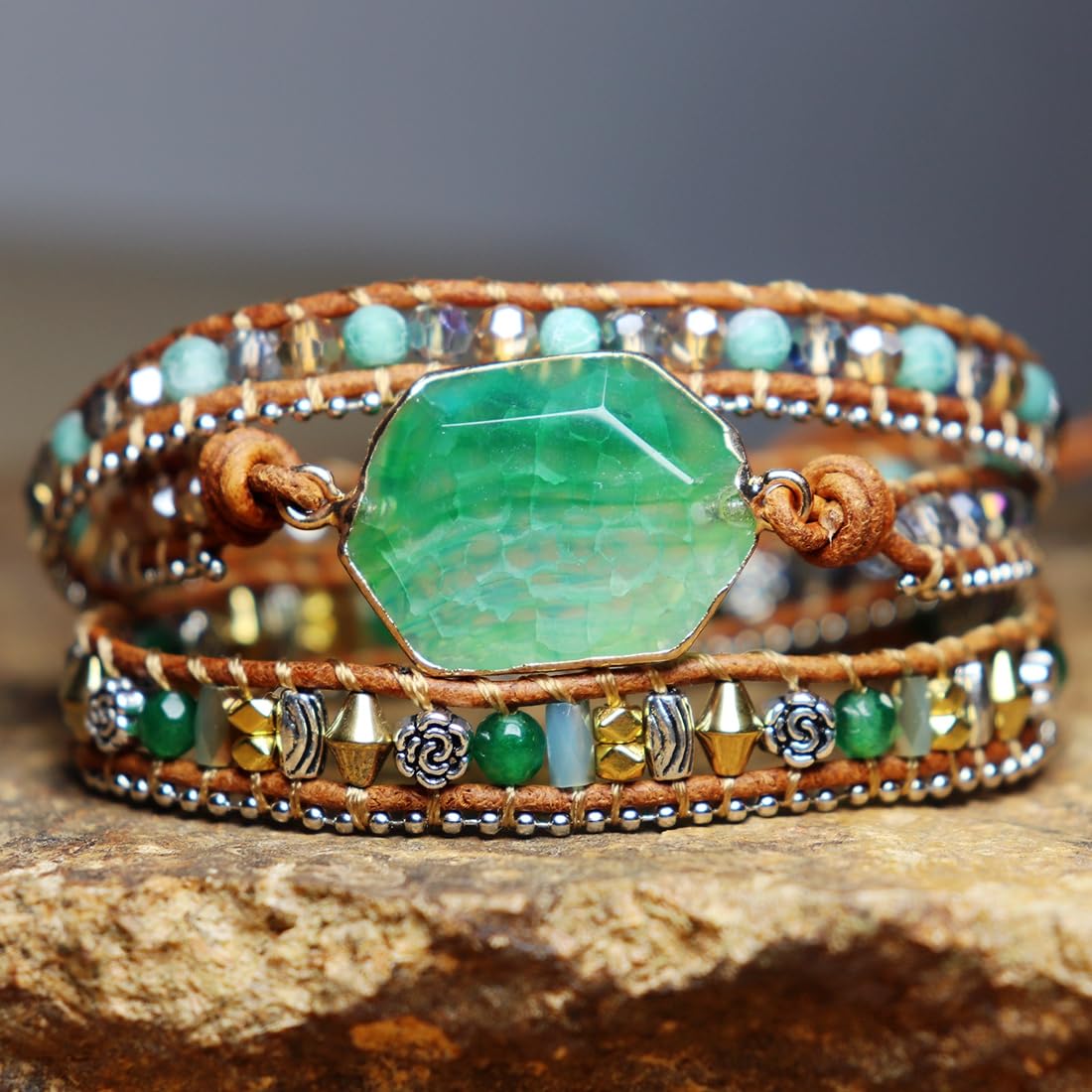 YGLINE Boho 3 Wrap Bead Bracelet Handmade Adjustable Natural Green Agate Stone Crystal Beaded Bracelets Leather Rope Yoga Healing Bracelet Jewelry