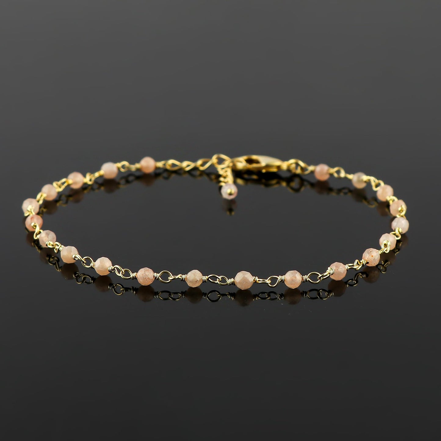 CRYSTALINES Natural Peach Moonstone Gemstone Cluster Bracelet, 14K Gold Plated Rosary Chain Beads, Handmade Bohemian Jewelry for Women, Healing Crystals, Birthday Christmas Gift, 8"
